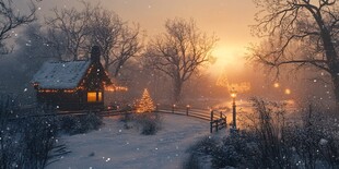 冬日雪中小屋的温馨暮色