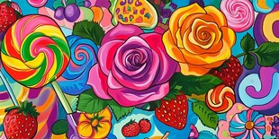 缤纷糖果与玫瑰梦幻插画