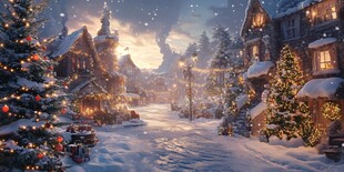 梦幻雪夜中的温馨圣诞小镇