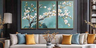 中式客厅三联花卉装饰画