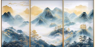 三联水墨山川诗意画卷