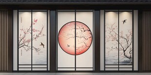 中式屏风上的花鸟圆月景致
