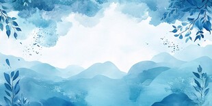 蓝调山水植物水彩背景图