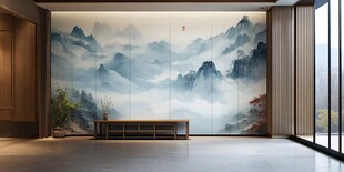 中式山水背景墙室内景致