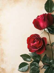 两朵红玫瑰配绿叶背景