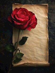 红玫瑰置于复古纸张上