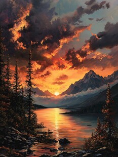 夕阳下的山水森林美景