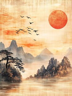 旭日群山飞鸟中式山水图