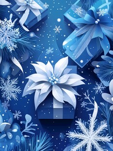 蓝色圣诞礼物与雪花装饰