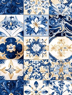 蓝白金花瓷砖图案设计