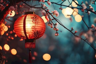 红灯笼映繁花夜景
