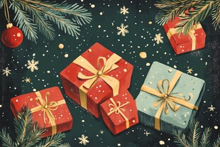 圣诞礼物与松枝节日氛围