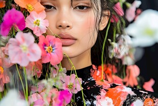 繁花簇拥下的迷人女性