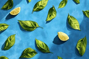 蓝底绿叶柠檬清新画面