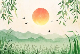 夕阳下的绿野山川飞鸟