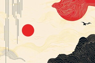 日式风格红日飞鸟山水图