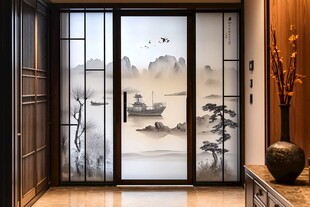 中式山水风入户玻璃门