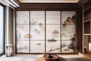中式山水屏风雅致室内景
