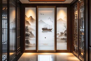 中式玄关处的山水屏风景致