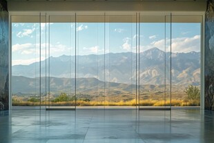 室内远眺壮丽山景画面