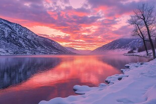 冬日湖畔绝美日落景观