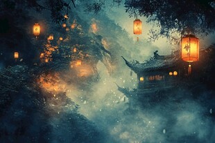 古风山林间的灯火楼阁