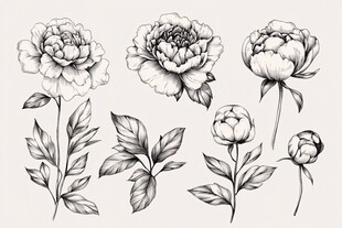 黑白手绘牡丹花及枝叶图案