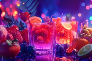 梦幻霓虹下的缤纷水果饮品
