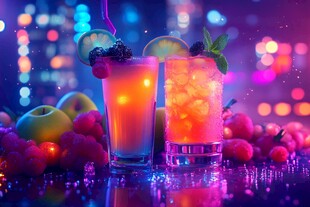 霓虹灯下的缤纷水果鸡尾酒