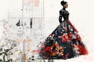 复古花卉长裙时装设计图