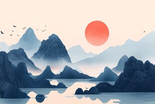 日出山水间 飞鸟伴云霞