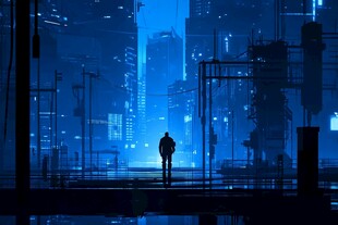 都市夜影下的孤独旅人