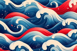 红蓝海浪艺术插画图案