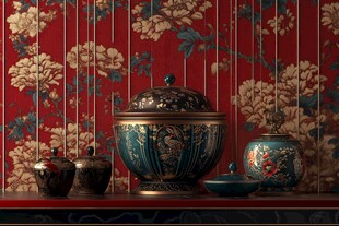 中式复古瓷罐与花卉墙纸
