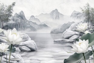 水墨山水间的清雅荷花景
