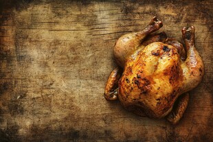 烤全鸡置于古朴木桌