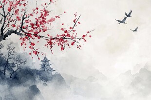 水墨红梅飞鸟诗意山水图