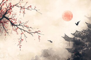 红梅映日飞鸟伴古建