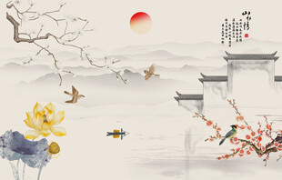 花鸟画山水情背景墙