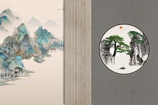 中式格栅迎客松背景墙