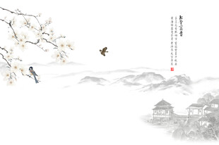 水墨山水间飞鸟