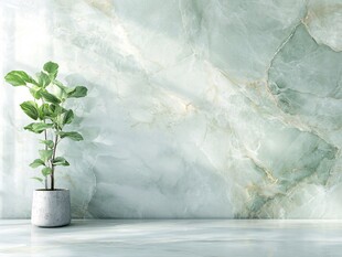 浅绿大理石墙前的绿植