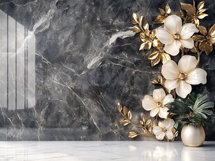 大理石墙前的花卉装饰摆件