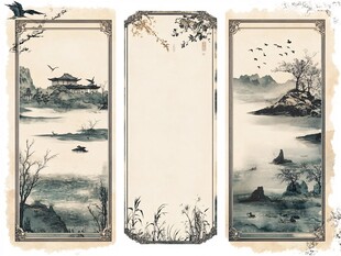 古风山水三联装饰画