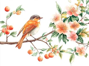 枝头小鸟伴繁花与果实