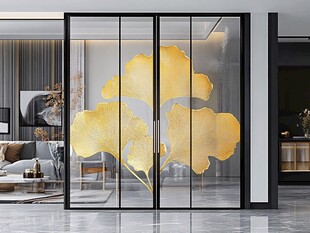 现代客厅的银杏叶玻璃移门