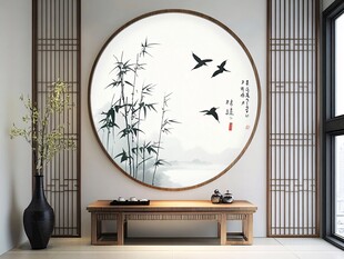 中式圆壁饰 竹影飞鸟意境美