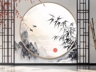 中式山水圆形装饰画意境美