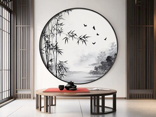 中式水墨竹景圆形装饰画