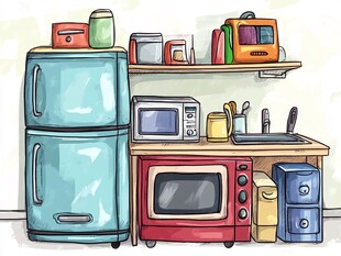 手绘温馨厨房家电小场景